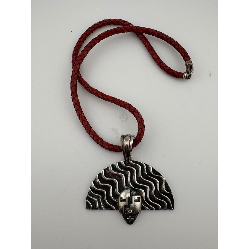 Joe Cajero Sterling‎ Silver Mask Pendant Necklace Braided Leather Cord Artisan